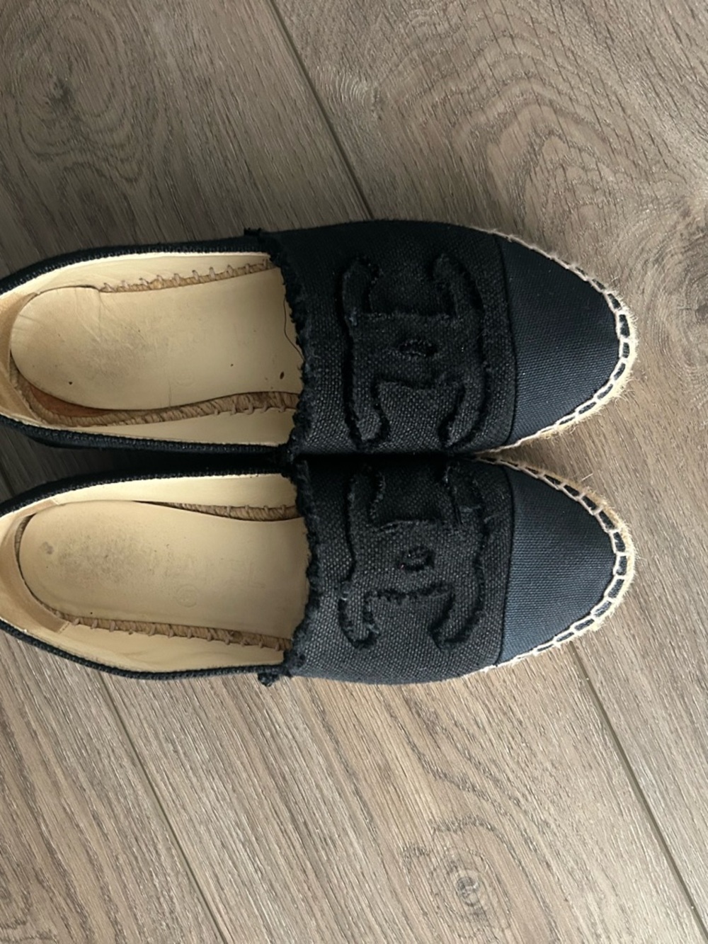 CHANEL Black Canvas Espadrille Flats with Logo Detail